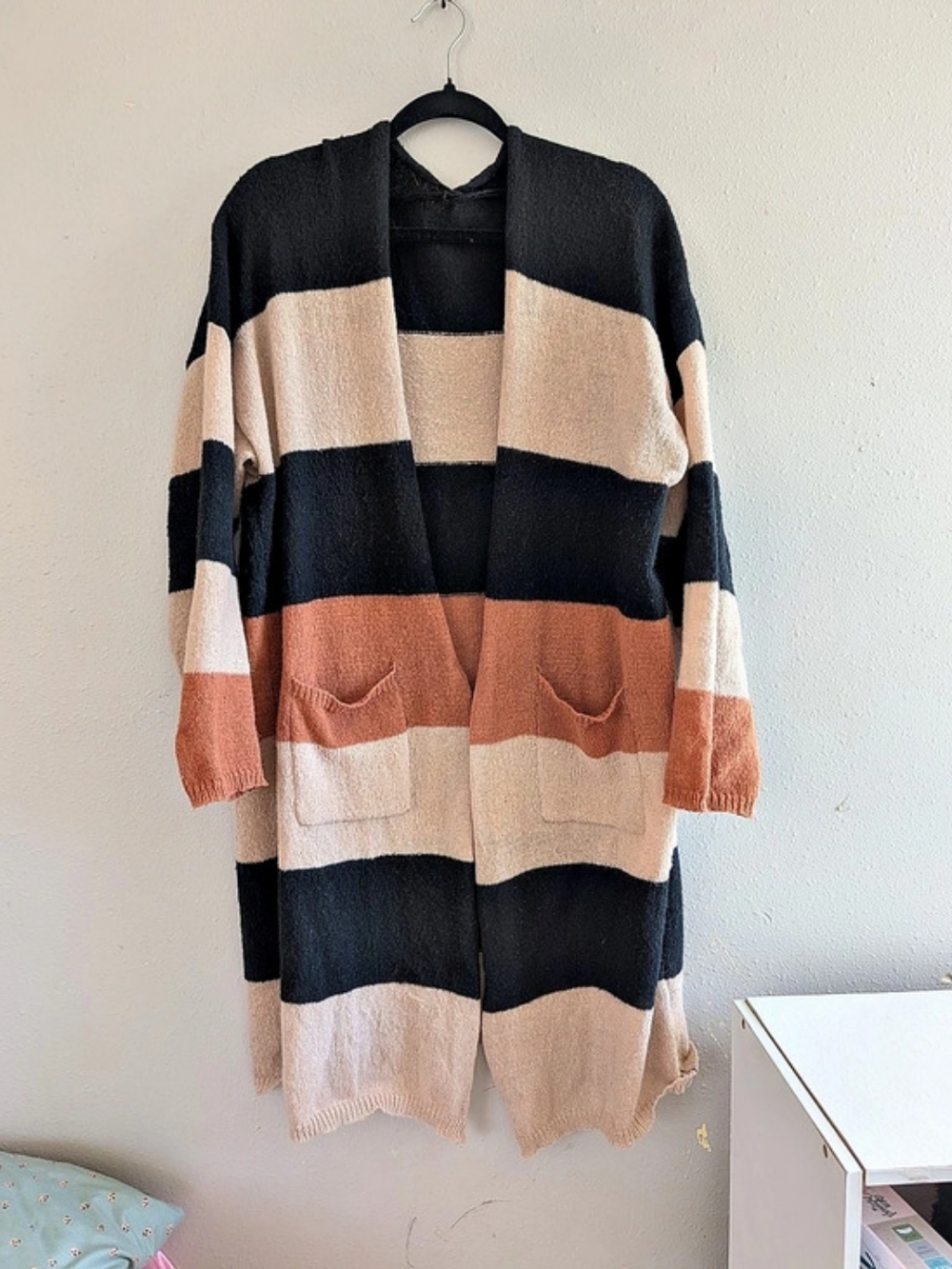 SHEIN Curve Striped Open Front Duster Cardigan Sweater Knit Pockets Boho